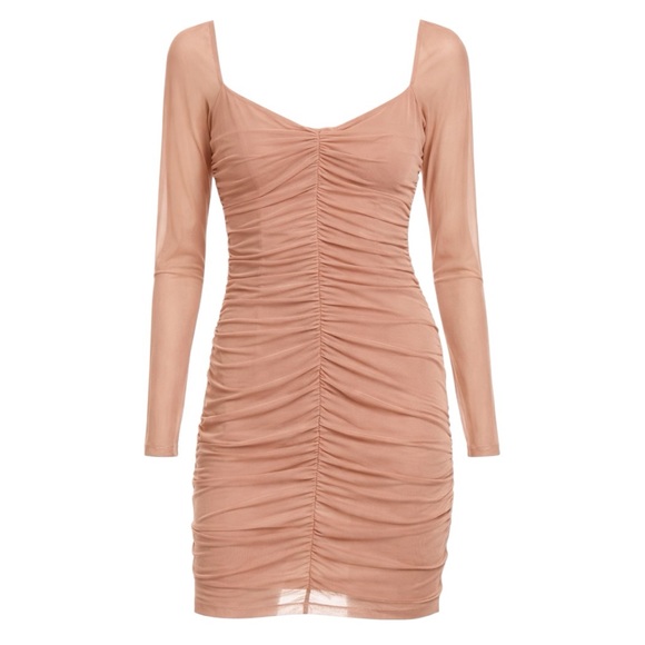 French Connection Dresses & Skirts - French Connection Toni Ruched Mesh Mini Dress Mocha Mousse Size Small NWT